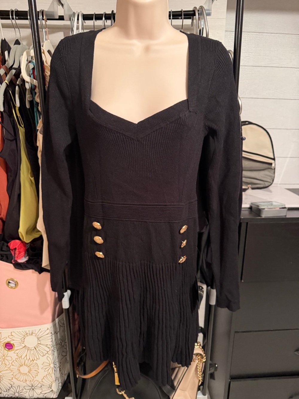 Lulu's Black Long-Sleeve Knit Dress with Gold Buttons